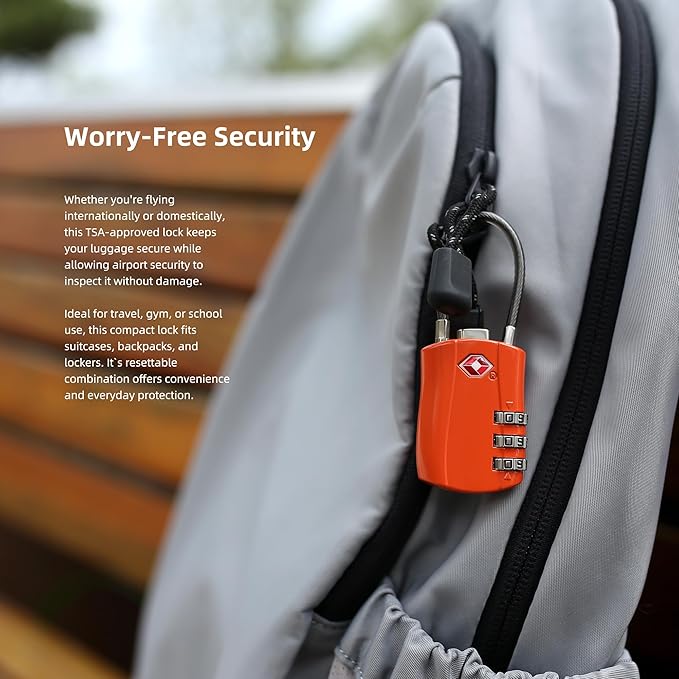 Luggage Locks TSA Approved, Small Padlock Combination, TSA Locks for Luggage, Suitcase, Travel Essentials, Combo Padlock with Cable, for Backpack, Bag, Zipper, Locker, Case, Box (2-Pack)