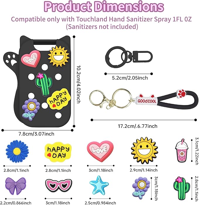 Mlife Hand Sanitizer Spray Case for Touchland Silicone Touchland Case Cat Silicone Case compatible with Touchland Power Mist 1FL OZ/30ML with Keychain &10Pcs Charms(Black)