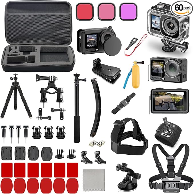 60-in-1 Accessories Kit Compatible with DJI Osmo Action 6 with 70m Waterproof Housing Case, Tempered Glass Screen Protector, Floaty Bobber Grip, Large Carrying Case, Mounts Chest/Head/Handlebar