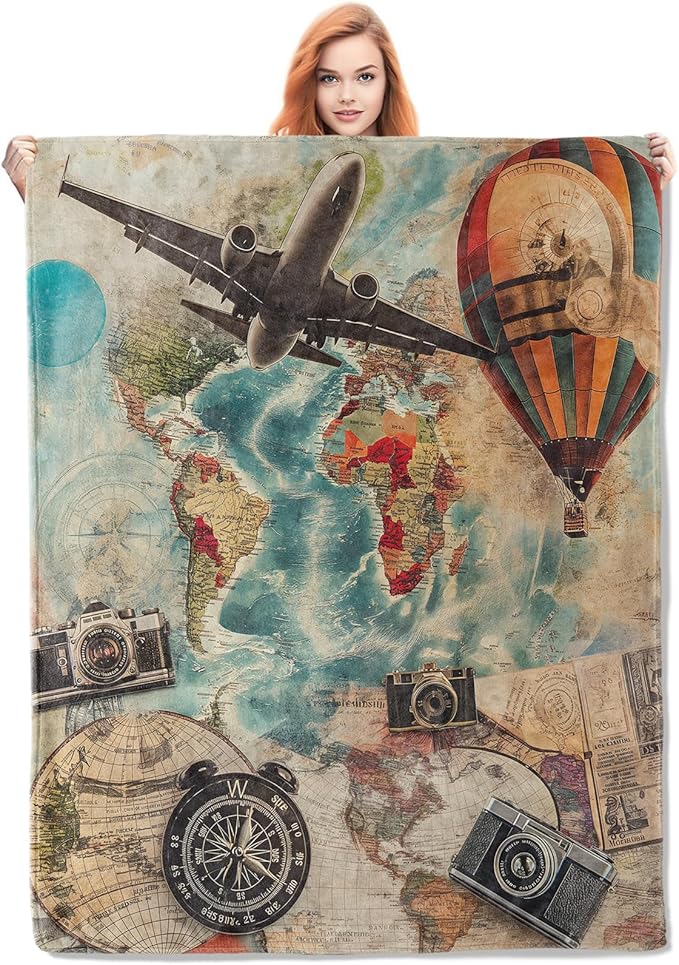 Travel-Themed Blanket, Vintage Airplane Hot Air Balloon Cameras Flannel Throw Blankets,Soft Warm Lightweight Cozy Plush Throws for Bedroom Sofa Office Home Decor Gifts for Women Girls 80"x60"