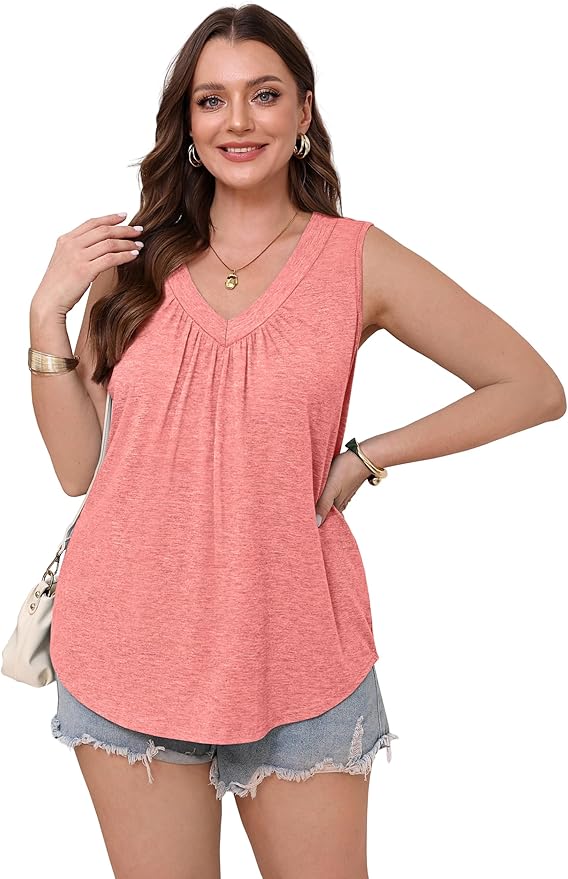 OFEEFAN Tank Top for Women Loose Fit Sleeveless Shirts V Neck Summer Clothes Ruched Women's Tees and Tanks Curved Hem