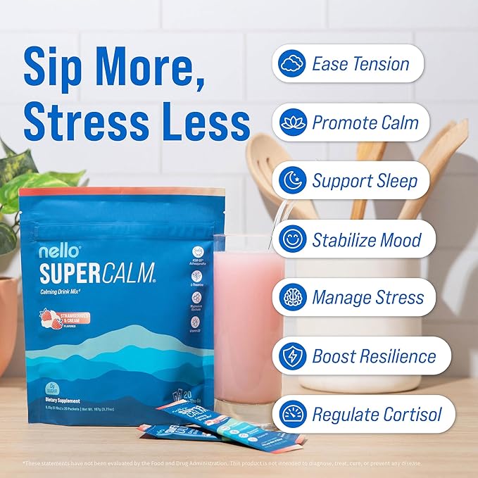 Nello Supercalm Powdered Drink Mix, Cortisol Reducer*, Sleep Aid Supplement, L Theanine, Ksm-66 Ashwagandha, Magnesium Glycinate, Vitamin D 3, No Sugar, Non GMO, 20 Ct, Strawberries & Cream