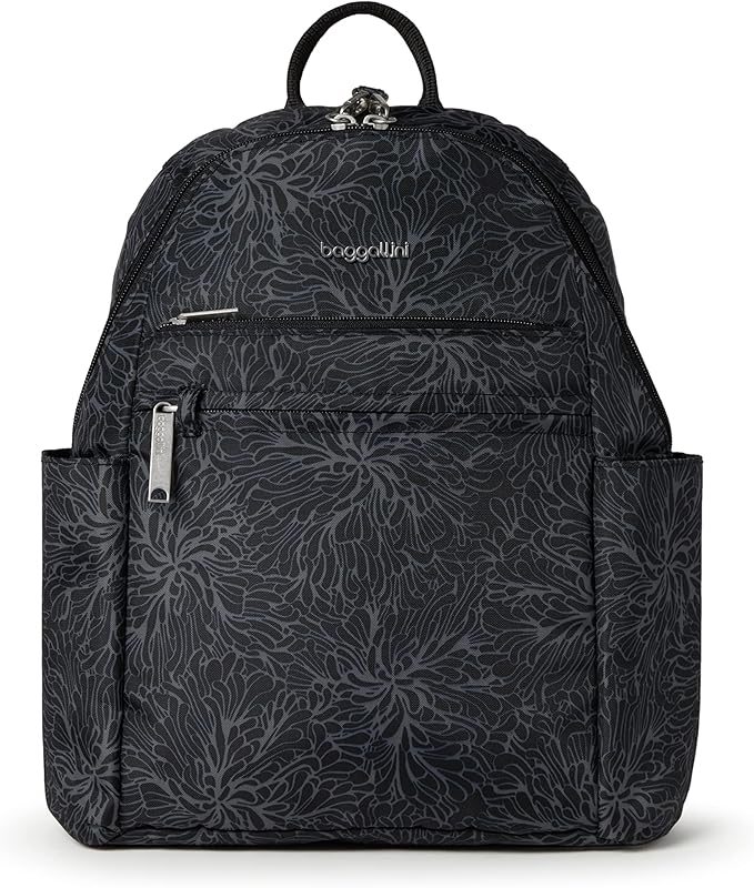 Baggallini Securtex® Anti-theft Vacation Travel Backpack 10x13 Slash-Resistant Nylon Daypack w/RFID, Midnight Blossom