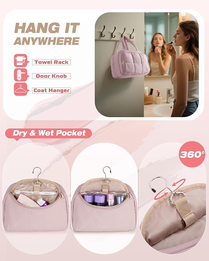 Marscamd Travel Makeup Bag for Women, Puffy Cosmetics & Toiletry Organizer with Leakproof Pockets for Travel-Size Shampoo, Conditioner, Brushes & Essentials - Medium Size, Pink (Bag Only)