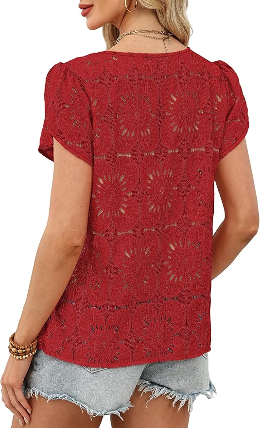 OFEEFAN Blouses for Women Dressy Casual Petal Short Sleeve Shirts Crochet Lace Boho Tops Spring Fashion Summer Outfits