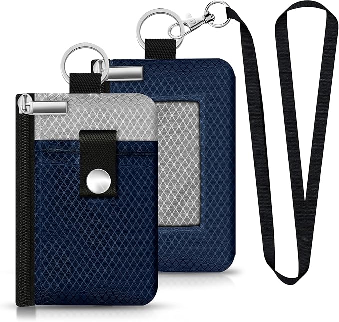 Minimalist RFID Blocking Small Wallet with ID Window,WaterResistant Zip Id Case Wallet with Lanyard Keychain for Cards,Cash,Travel,Women,Men (Dark Blue/Light Gray)