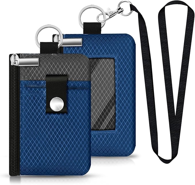 Minimalist RFID Blocking Small Wallet with ID Window,WaterResistant Zip Id Case Wallet with Lanyard Keychain for Cards,Cash,Travel,Women,Men (Electric Blue/DarkGrey)