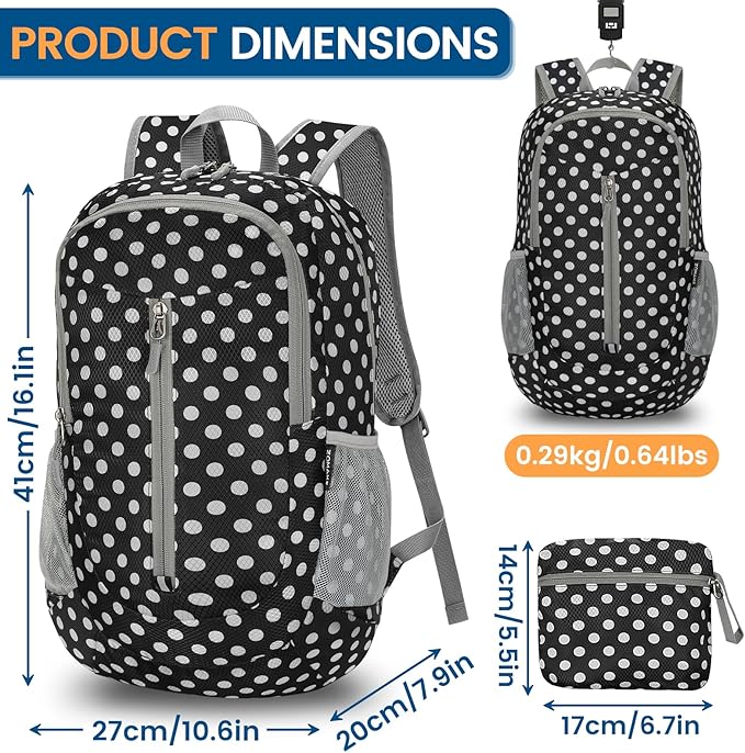 ZOMAKE Ultra Lightweight Packable Backpack 25L - Foldable Hiking Backpacks Water Resistant Small Folding Daypack for Travel(Black,White polka dots)
