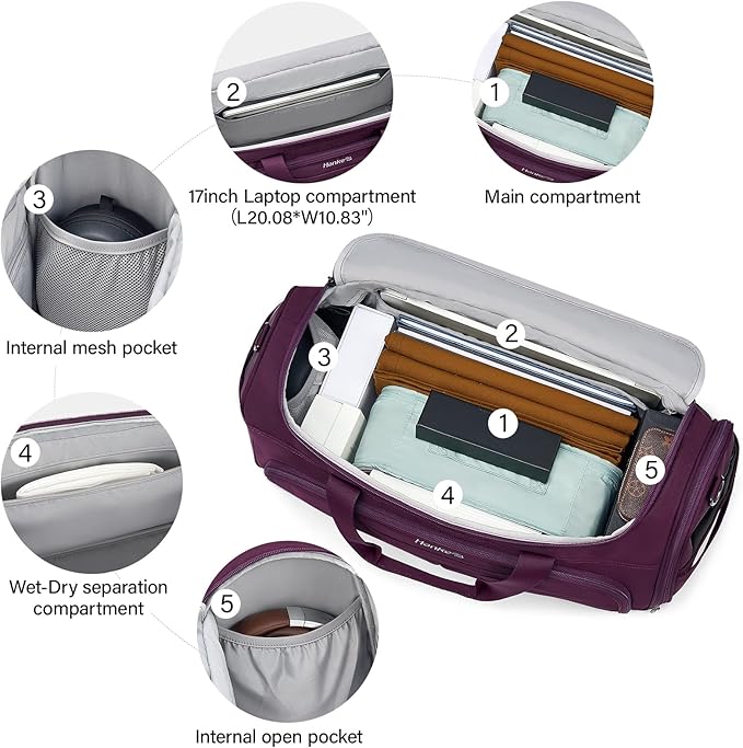 Hanke Carry On luggage Bags for Travel, Large Foldable Duffle Bag for Travel, Softside Lightweight Travel Bag Carry On Bags for Airplanes Women, Travel Tote Bags for Women Men.（Purple）