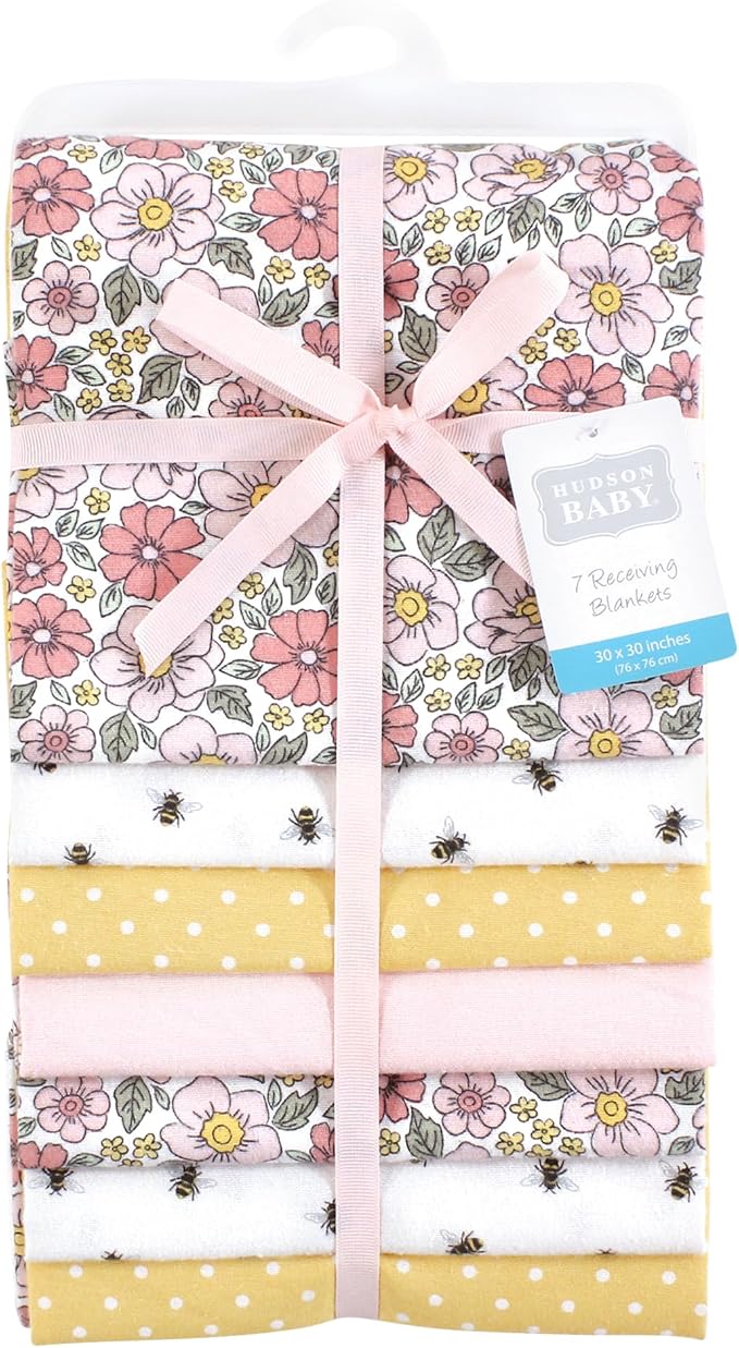 Hudson Baby Unisex Baby Cotton Flannel Receiving Blankets Bundle, Pink Yellow Pretty Floral, One Size