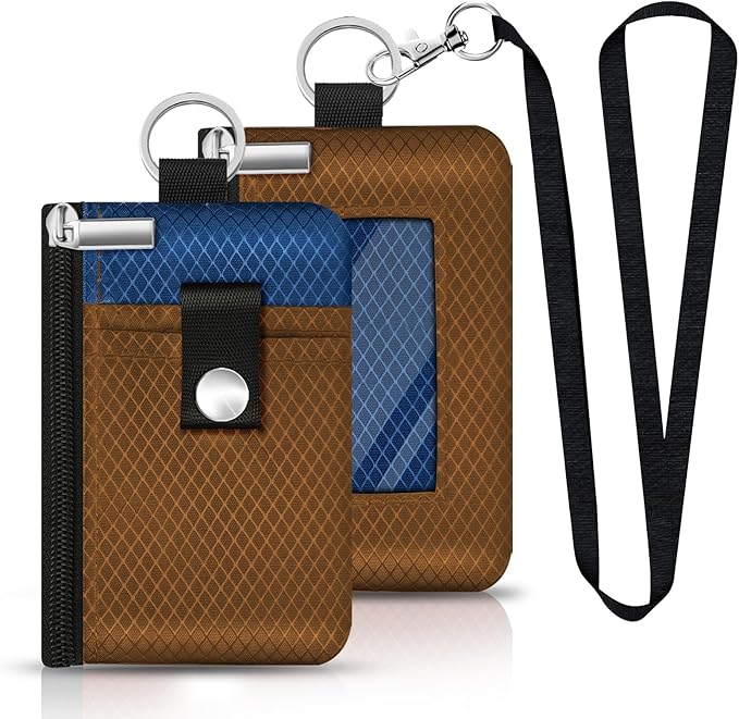 Minimalist RFID Blocking Small Wallet with ID Window,WaterResistant Zip Id Case Wallet with Lanyard Keychain for Cards,Cash,Travel,Women,Men (Brown/Electric Blue)