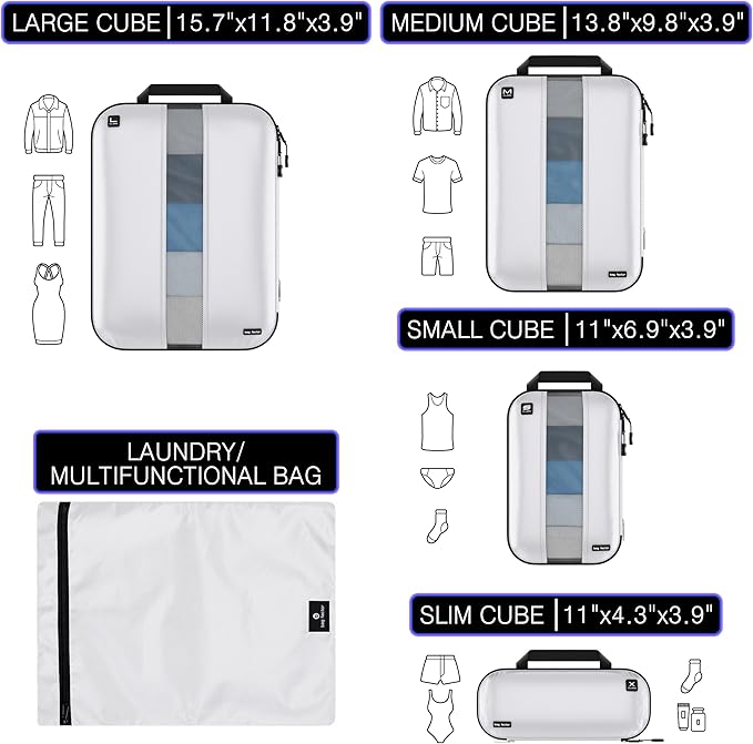 Premium Ultralight Compression Packing Cubes for Travel - Bag Factor Luggage Organizer Set (White - 5 Set)