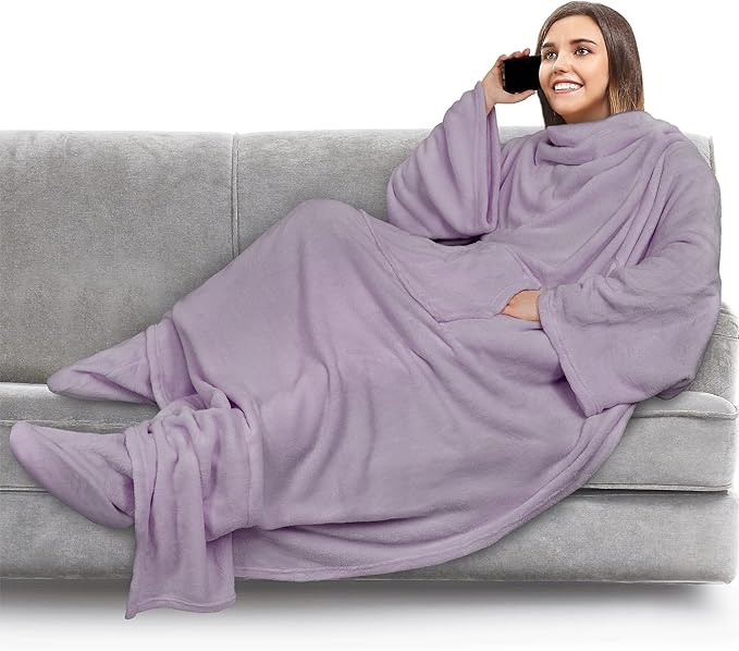 PAVILIA Fleece Blanket with Sleeves, Foot Pockets for Women Men Adults, Plush Wearable Blanket Throw Wrap, Warm Snuggle Blanket Robe, Cozy Gift Ideas for Wife Mom, Light Purple