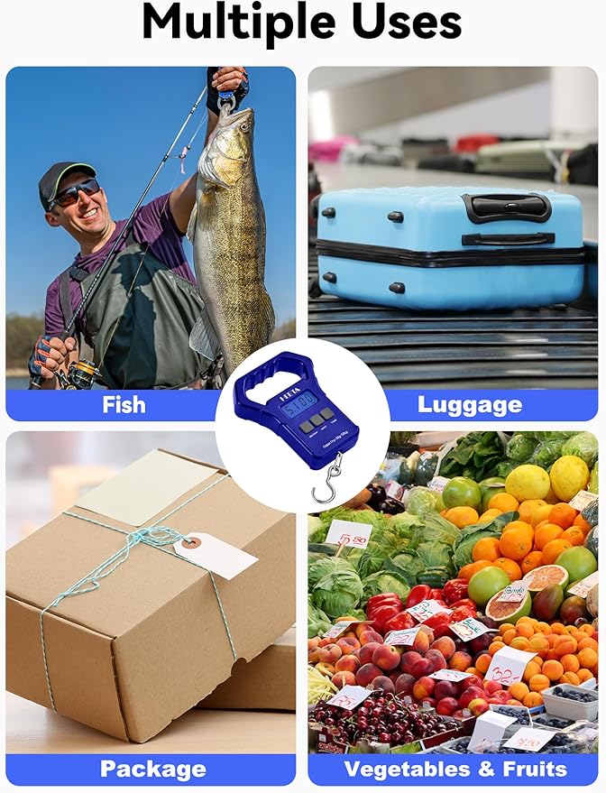 HEETA Fish Scale, 110lb/50kg Digital Portable Hanging Fishing Weight Scale with Backlit LCD Display, Luggage Scale with Hook, Non-Slip Large ABS Handle & 2 AAA Batteries, Fishing Gifts Gear for Men