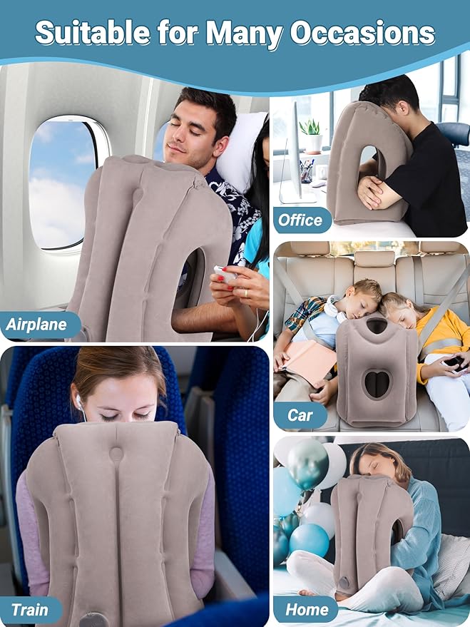 Maliton Inflatable Travel Pillow for Airplane Comfortable Sleeping to Relieve Neck and Shoulder Pain, Support Head Inflatable Pillow for Long Flights, Used for Airplanes, Cars, Trains, Office (Grey)