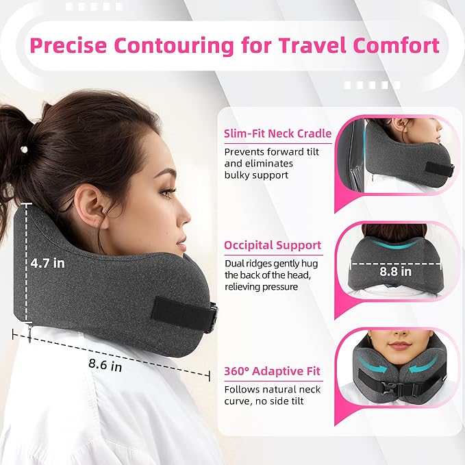 Neck Pillow Airplane Travel Set - Pure Memory Foam Travel Pillow for Long Flights Essentials, Sleeping with 3D Contoured Eye Mask, Earplugs, Portable Bag (Grayish)