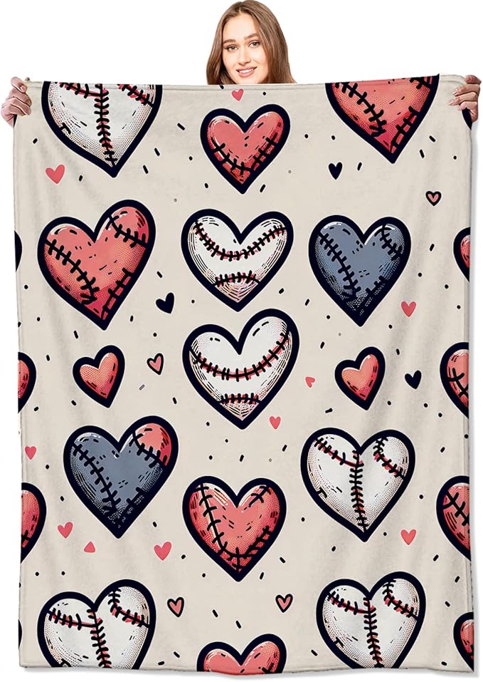 Baseball Hearts Blanket Sport Lovers Throw Blankets Gifts for Kids Adult Lightweight Soft Fleece Cozy for Sofa Couch Bed Room Travel Birthday Party Decor 50x60in