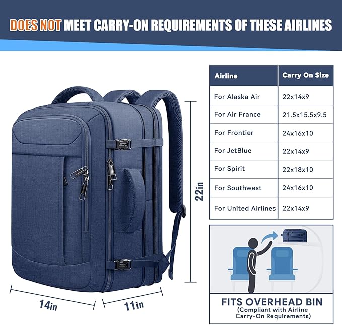 Extra Large Carry on Backpack, Expandable 50L-60L Travel Backpack Hiking Camping Rucksack with Waterproof Wet Pocket, Anti-Theft 19 Inch Gaming Laptop Bag for Road Trip Outdoor Sports, Blue