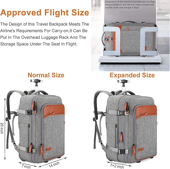 Lumesner Rolling Backpack for Men and Women, Extra Large 42L Travel Backpack with Wheels, 17.3 Inch Carry-On Laptop Bag with 4 packing cubes for Business and Work, Large Capacity Rolling Bag, Grey