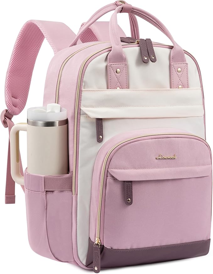 LOVEVOOK Laptop Backpack for Women with Giant Tumbler Holder Pocket,17.3 inch School College Bookbag Nurse Teacher Backpack,Work Travel Backpack Purse Laptop Computer Bag,Pink-Off-white-Light pink