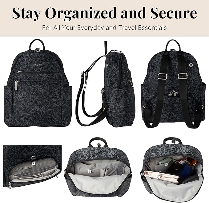 Baggallini Securtex® Anti-theft Vacation Travel Backpack 10x13 Slash-Resistant Nylon Daypack w/RFID, Midnight Blossom
