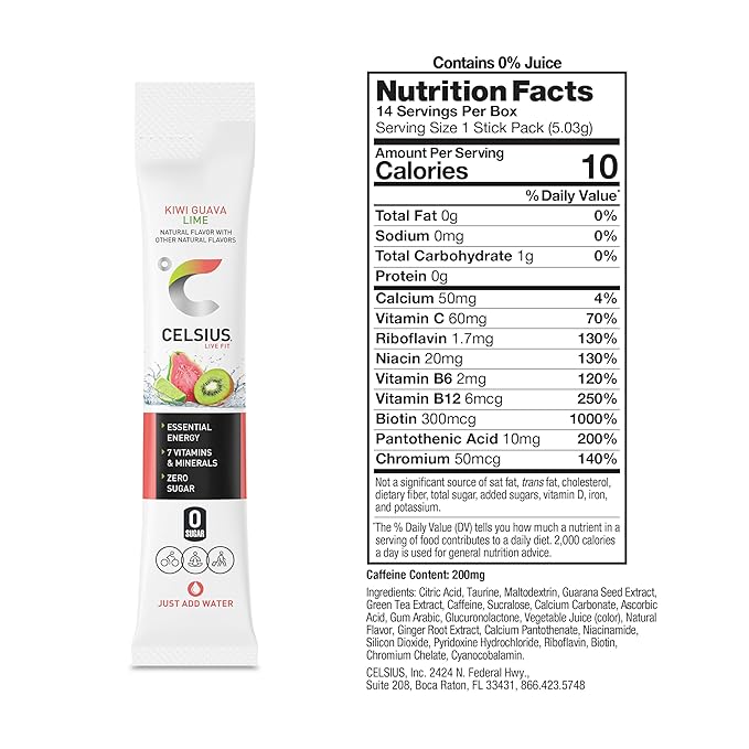 CELSIUS On The Go Kiwi Guava Lime, Sugar Free Energy Drink Mix (14 Sticks per Pack)
