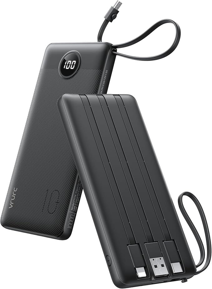 VRURC Portable Charger with Built in Cables, Slim Power Bank 10000mAh, USB C Travel Battery Pack, 5 Output 2 Input External Charging Bank for iPhone 17 16 15 14 13,Samsung,Android-Black(1 Pack)