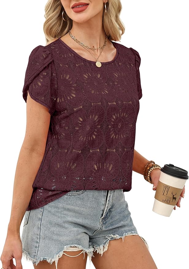 OFEEFAN Blouses for Women Dressy Casual Petal Short Sleeve Shirts Crochet Lace Boho Tops Spring Fashion Summer Outfits
