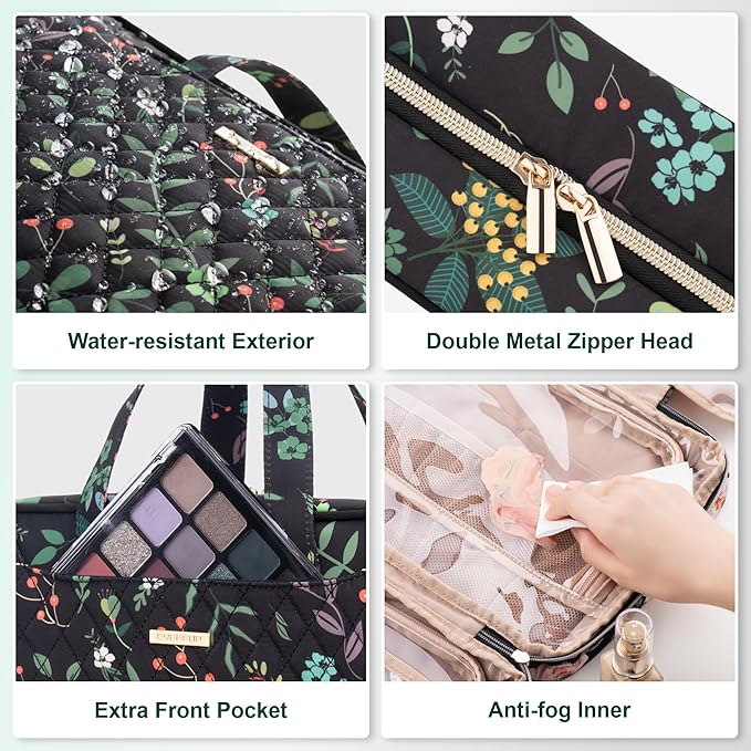 Everfun Hanging Toiletry Bag for Travel, 12x9x4.5 inch Large Capacity Cosmetic Organizer with Leakproof Wet/Dry Compartment, Waterproof Dopp Kit Toiletries Bag for Women Black Leaves