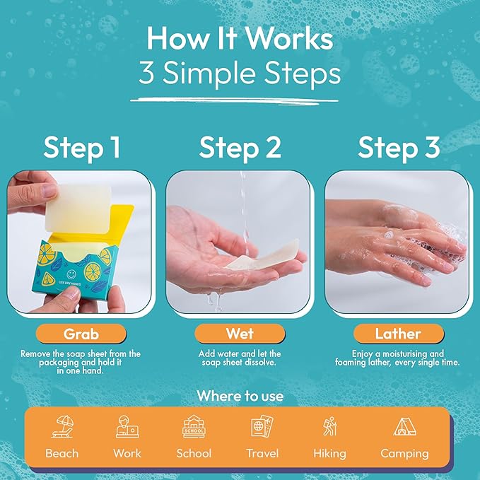 FOMIN - Antibacterial Paper Soap Sheets for Hand Washing - (100 Sheets) Lemon Portable Travel Soap Sheets, Dissolvable Camping Mini Soap, Portable Hand Soap sheet