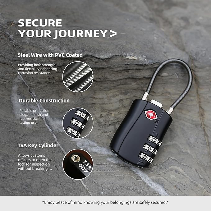 TSA Locks for Luggage, Small Padlock Combination with Cable, Luggage Locks TSA Approved, Combo Padlock with Code, for Travel Suitcase, Gym Locker, Gun Case, Backpack Zipper (Black+Black)