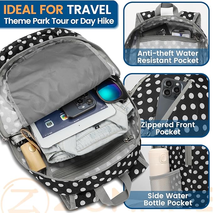 ZOMAKE Ultra Lightweight Packable Backpack 25L - Foldable Hiking Backpacks Water Resistant Small Folding Daypack for Travel(Black,White polka dots)