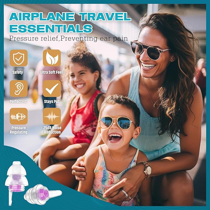 Airplane Ear Pressure Relief Ear Plugs with Cord, Prevent Ear-Pain & Noise Reduction, Plane Travel Essentials Pressure Equalizing Earbuds, 100x Reusable Comfy Earplugs for Adults Kids 12+