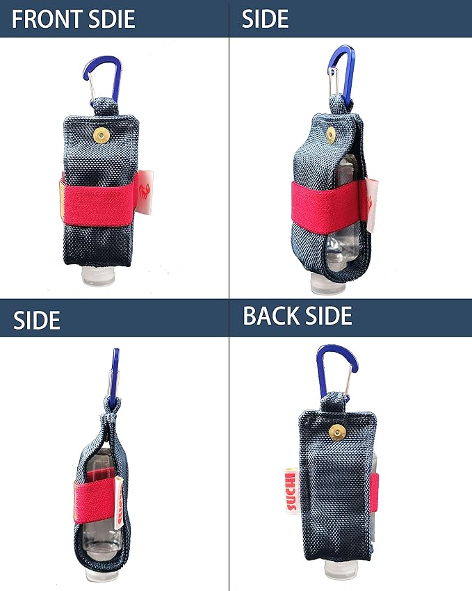 Travel Size Hand Sanitizer Holder,Bottle Case and Carabiner Carrier bag-Portable Mini Waist Bag for Liquids Clip On Belt Loop, Backpack and Purse - Includes Empty 60ml/ 2 oz Reusable Bottle (Blue)