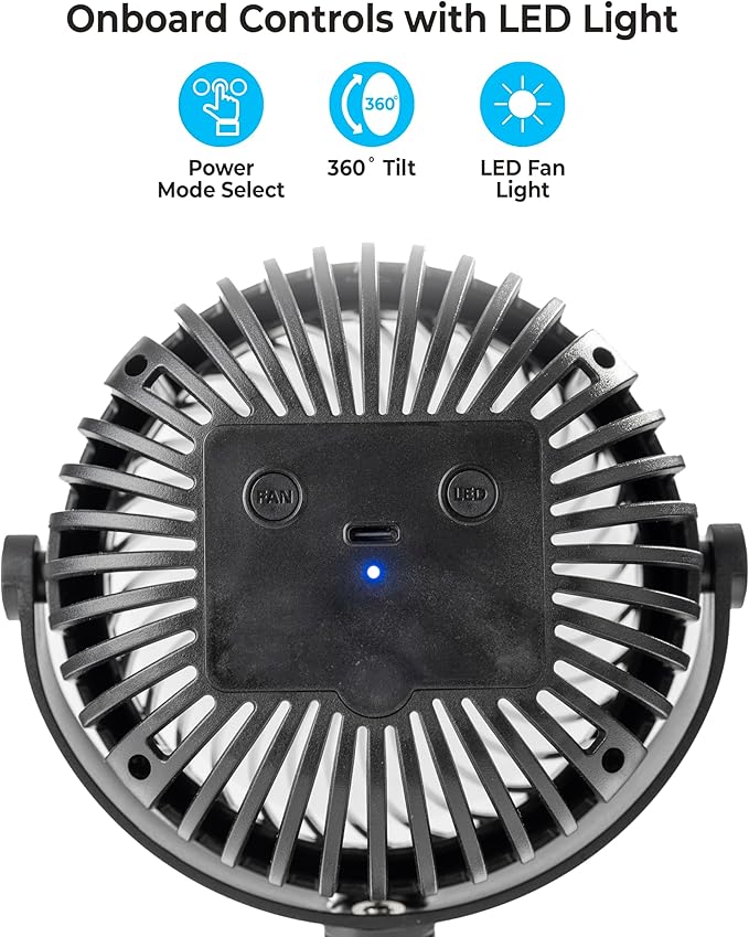 Comfort Zone Portable Stroller Fan – Rechargeable Battery Operated Clip-On Fan with 360° Flexible Tripod & LED Light – 3-Speed Cooling for Car Seats, Cribs, Treadmills & Travel – Black