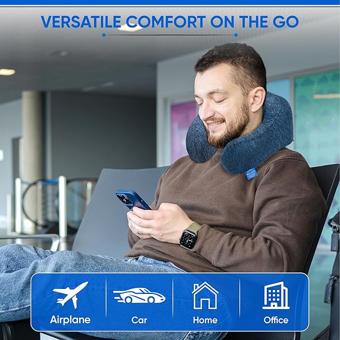 W.S. Sells Travel Neck Pillows for Airplanes - Pure Memory Foam with Ergonomic Design & Breathable Fabric - Travel Pillows for Airplanes & Cars - Set of Travel Essentials with Sleep Mask & Ear Plugs