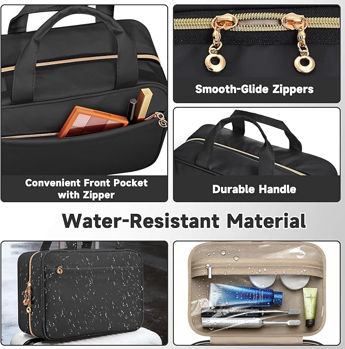 Travel Toiletry Bags, Portable Travel Bag with Hanging Hook for Women, Waterproof and Hanging Makeup Bag Travel Organizer Accessories for Travel Essentials (Black, Large)