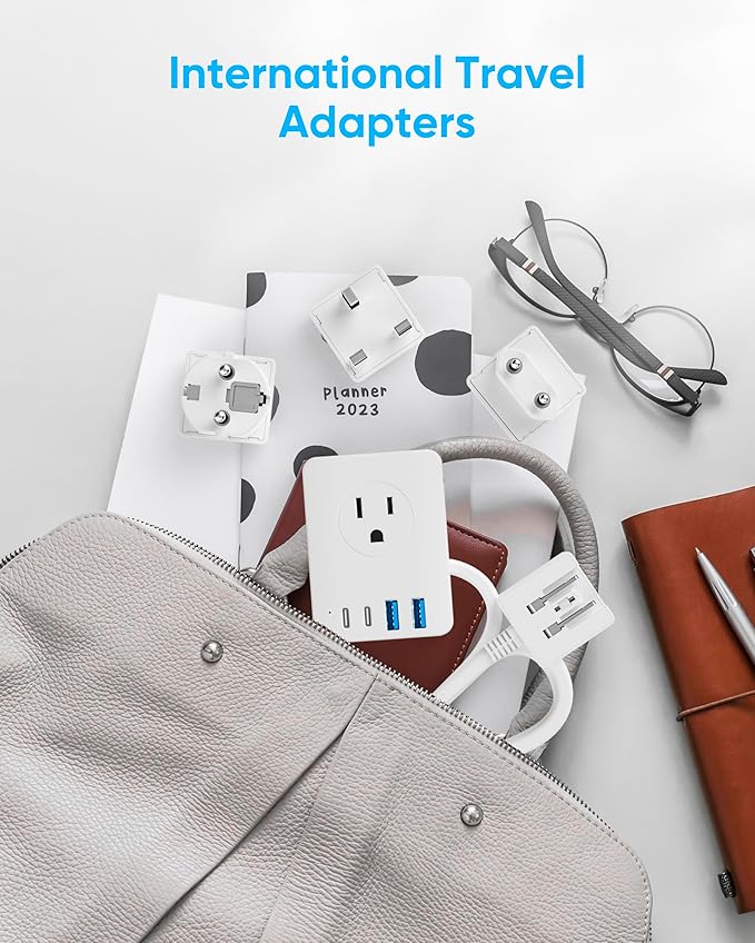 Kakyanill European Travel Plug Adapter, 5ft Detachable Extension Cord with Type C/G/E/F Plug Kit, 4 AC Outlets, 4 USB Ports (2 USB C), UK Germay France Greece Travel Plug Adapter