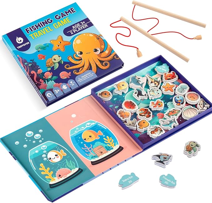 TRAVOFUN Magnetic Fishing Game Book - Travel Toys for Toddlers 3-5 - Car Road Trip Essentials & Airplane Activities for Kids - Montessori Learning Gift with 2 Poles & 27 Ocean Fish (Quiet & Portable)