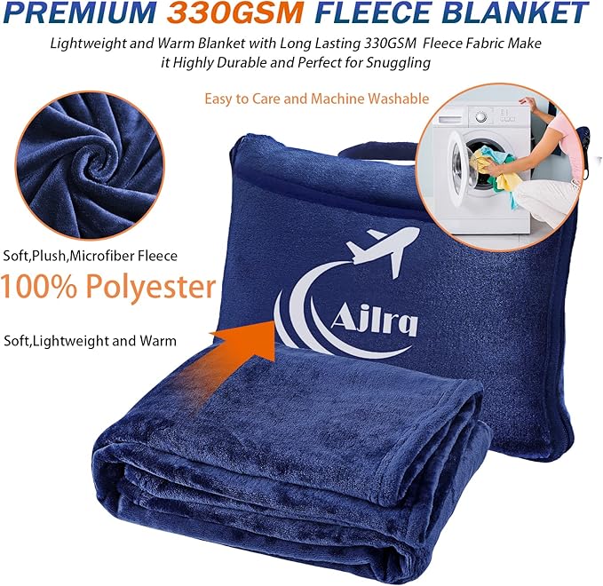 Travel Blanket Airplane Pillow, Premium Soft Polyester 2 in 1 Travel Pillow Airplane Blanket with Soft Bag Pillow Case Travel Essentials with Storage Bag and Handle Belt (Blue)