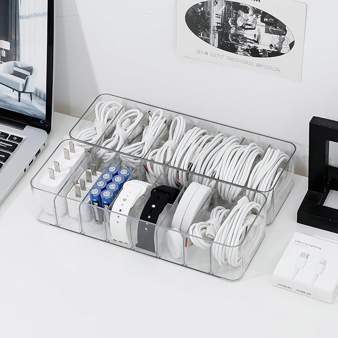 2 Pack Cable Cord Storage Box, Plastic Desk Drawer Organizer Case for Home Office Supplies, Art Crafts, Electronic Accessories, Phone Charger and Wires