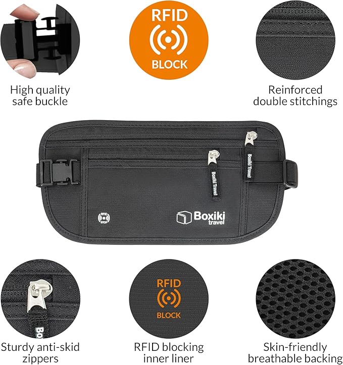 Boxiki Travel, Black Money Belt with RFID Sleeves Set - 8 Pcs Navy Blue | Secure Waist Bag and RFID Card Holder for Men and Women