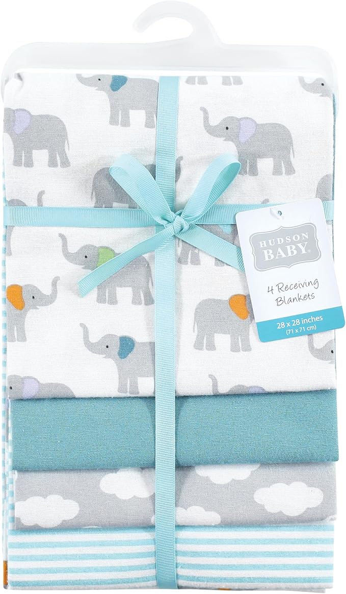 Hudson Baby Unisex Baby Cotton Flannel Receiving Blankets, Teal Elephant, One Size