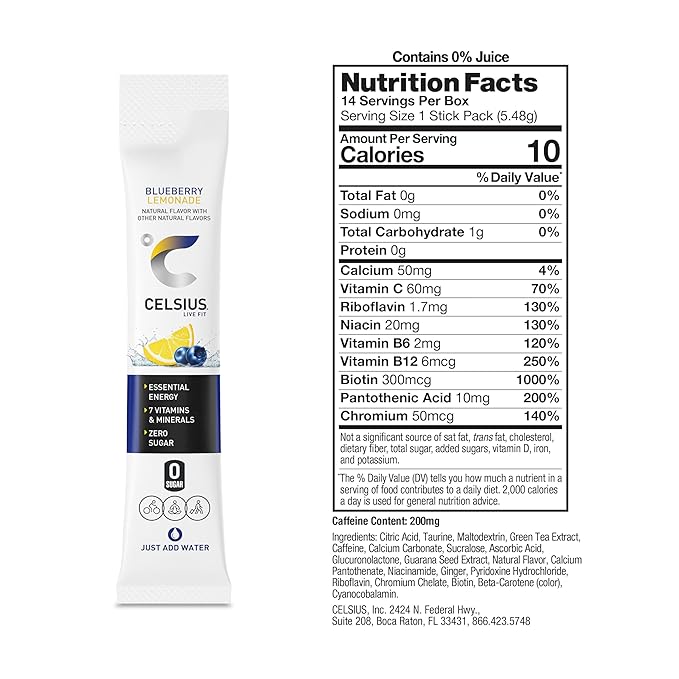CELSIUS On The Go Blueberry Lemonade, Sugar Free Energy Drink Mix (14 Sticks per Pack)