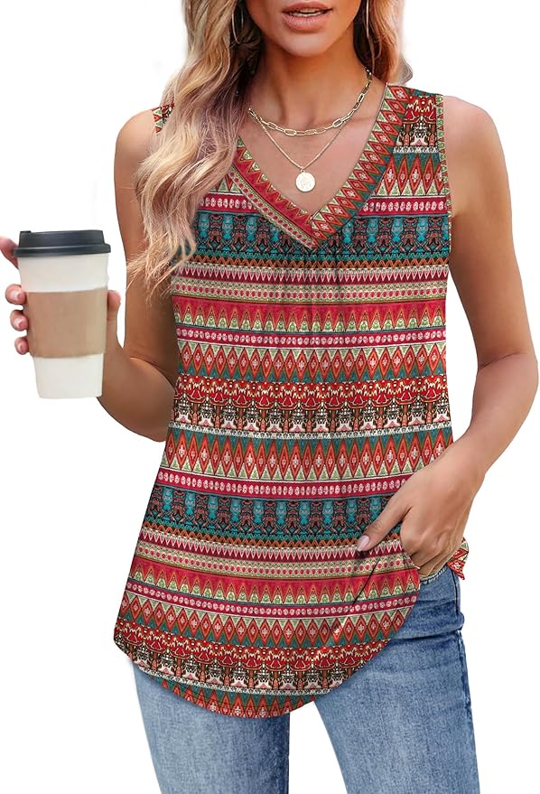OFEEFAN Tank Top for Women Loose Fit Sleeveless Shirts V Neck Summer Clothes Ruched Women's Tees and Tanks Curved Hem