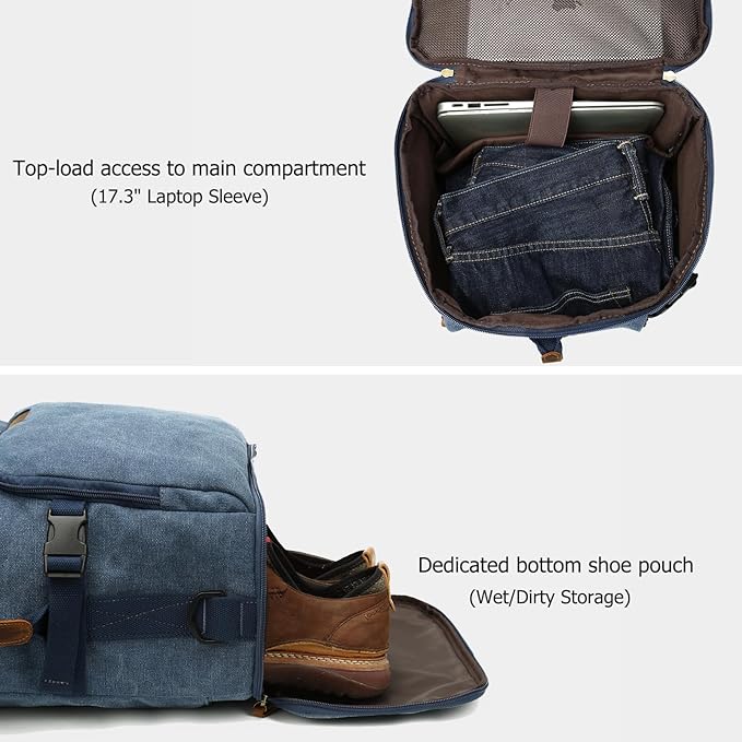 G-FAVOR 40L Travel Backpack, Vintage Canvas Rucksack Convertible Duffel Bag Carry On Backpack Fit for 17.3 Inch Laptop Bag, Blue
