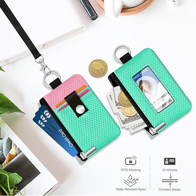 Minimalist RFID Blocking Small Wallet with ID Window,WaterResistant Zip Id Case Wallet with Lanyard Keychain for Cards,Cash,Travel,Women,Men (Mint Green/Pink)