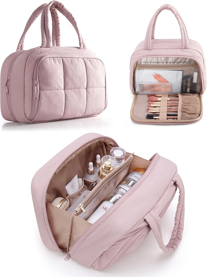 Marscamd Travel Makeup Bag for Women, Puffy Cosmetics & Toiletry Organizer with Leakproof Pockets for Travel-Size Shampoo, Conditioner, Brushes & Essentials - Medium Size, Pink (Bag Only)