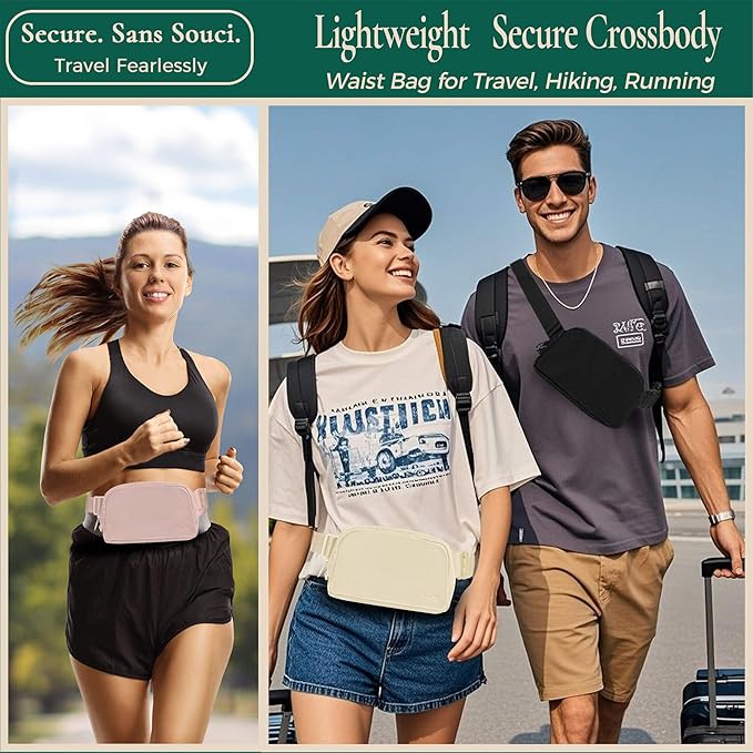 Anti-Theft Fanny Pack for Women & Men, Lightweight Secure Crossbody Waist Bag with Anti-Slip Adjustable Strap for Travel, Hiking, Running, Water-Resistant Belt Bag, Everyday Essentials Organizer Beige