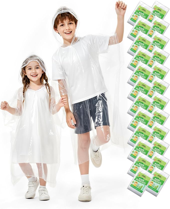 Hitituto Rain Ponchos Family Pack Kids– 6/12/24 Pack Disposable Poncho with Hood, Clear & Assorted Colors, Home Survival Kits